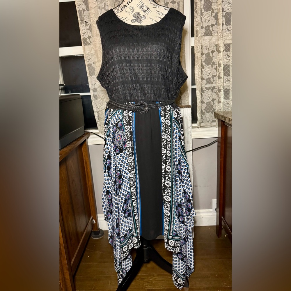 Belted, handkerchief hem, flattering dress from Ricki’s.
